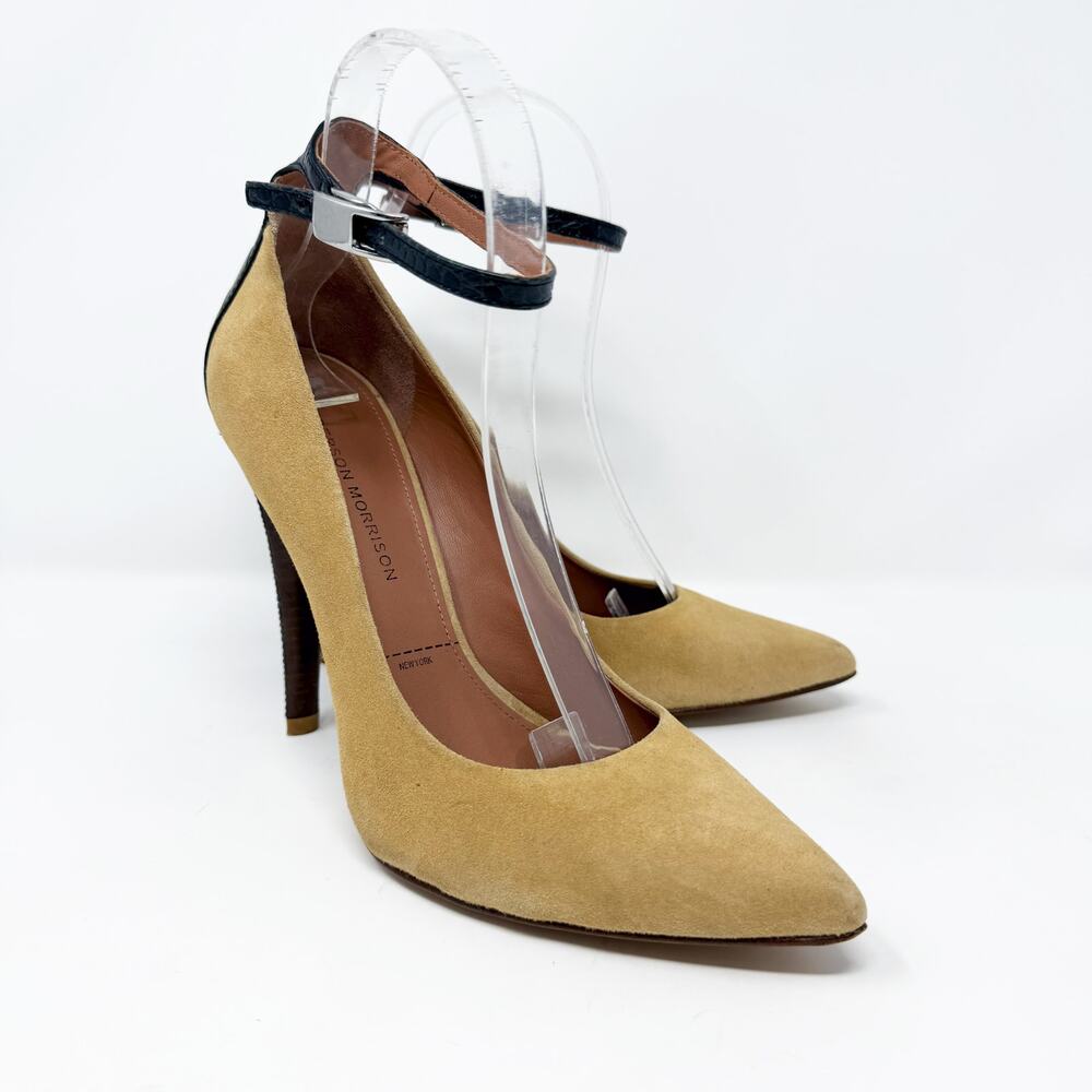 Sigerson Morrison Tan Suede Stilettos Size 8.5 Adjustable Ankle Strap Pointy Toe